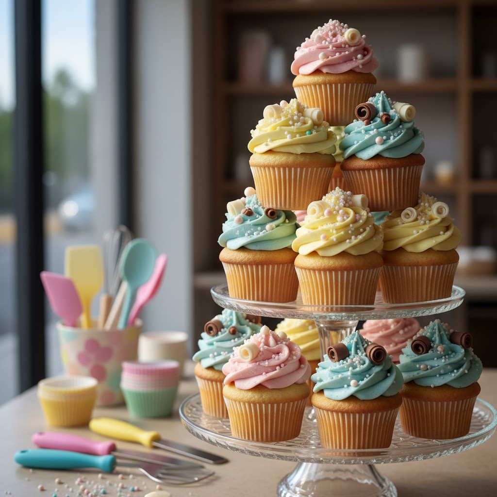 Um alto e elegante arranjo de bolo de cupcafé amarelas, suavemente cobertos de fazer sigma, suavemente com um cremoso esto...